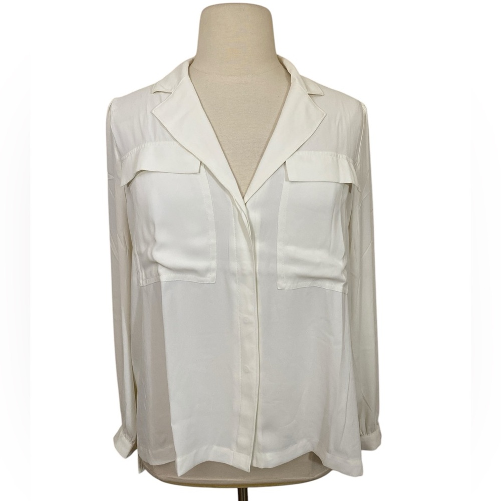Old Money Long sleeve pocket soft shirt Chiffon button down ecru minimalist - Picture 4 of 11